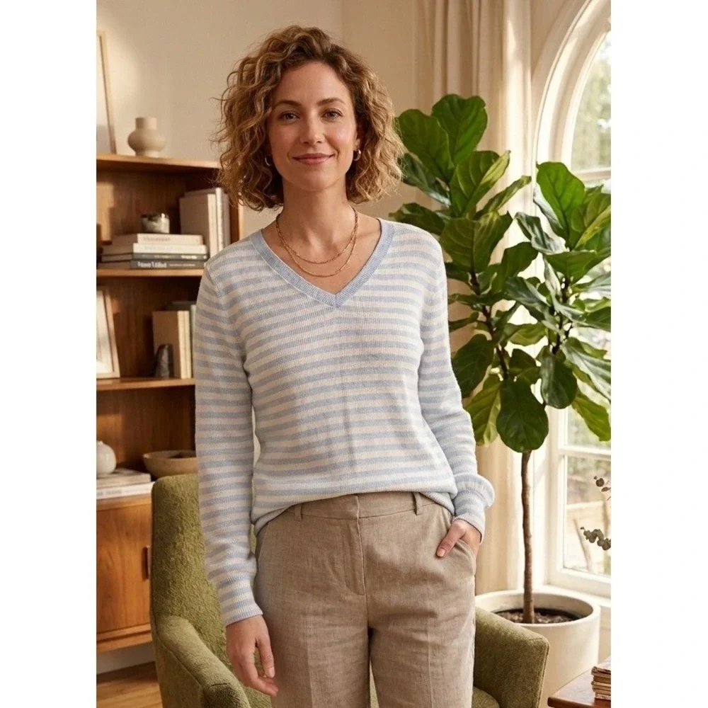 Talbots Striped V-Neck Sweater Womens XLP Blue White Cotton Knit Travel Vacation